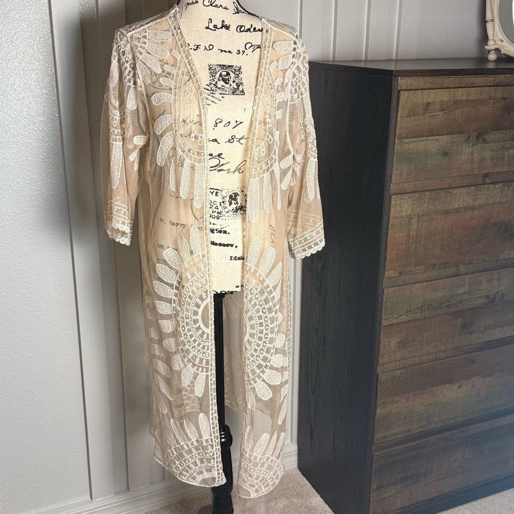 Boho Lace Duster Kimono Rebellious One Ivory Sheer Festival Medium - Picture 2 of 9